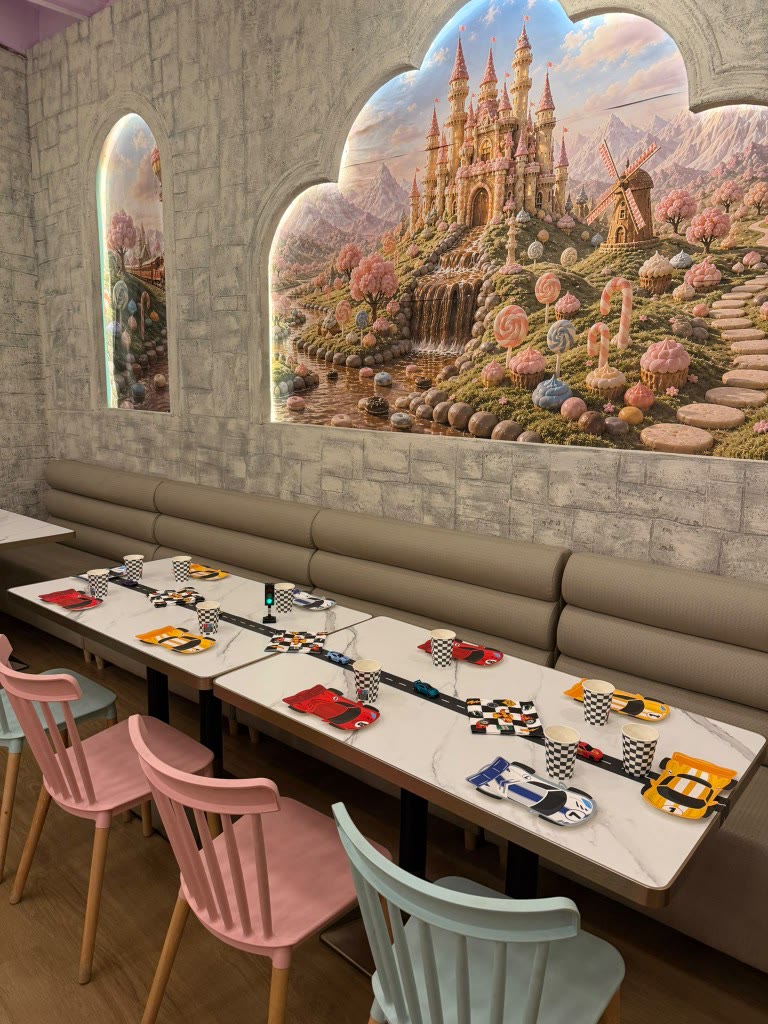 Mesa de cumpleaños con temática de coches y pista de carreras en Charlie Barcelona