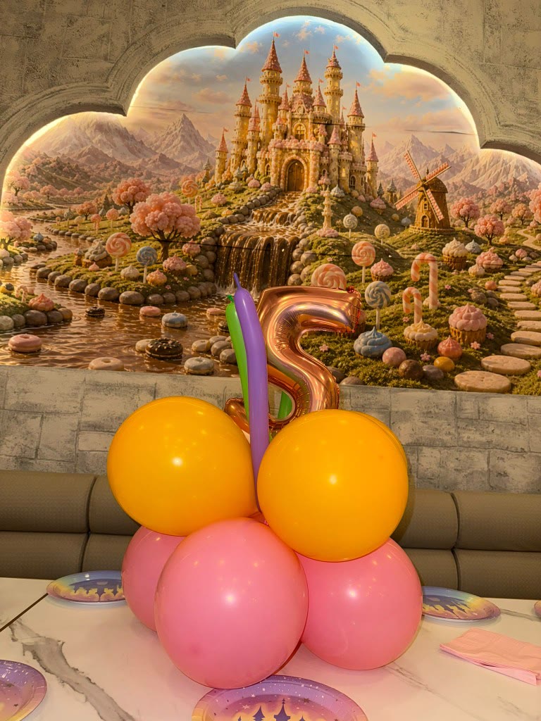 Globos y número 5 delante del mural de castillo en un cumpleaños en Charlie Barcelona