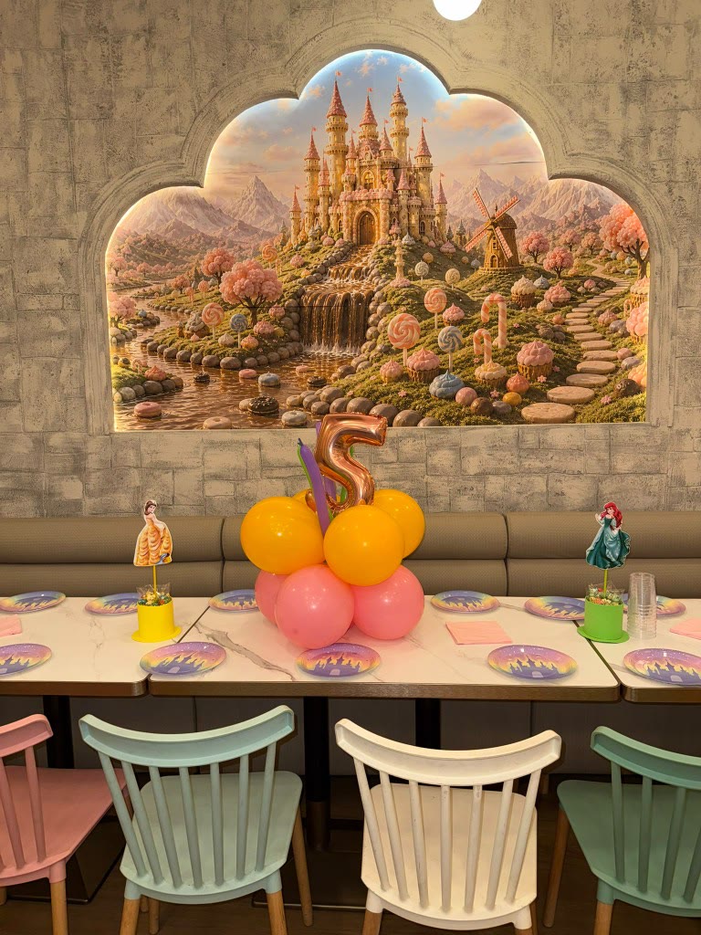 Mesa de cumpleaños con temática de princesas, globos y mural de castillo en Charlie Restaurante, Barcelona